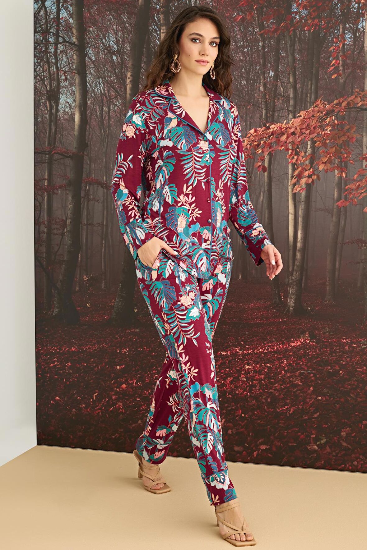 Monamise Kadın Çiçek ve Yaprak Desenli Önü Düğmeli Pijama Takımı 23144