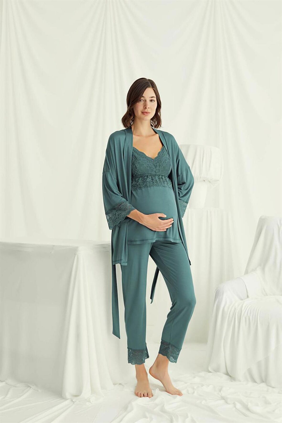 Monamise Kadın Dantelli Hamile Lohusa 3'lü Pijama Takımı 18523