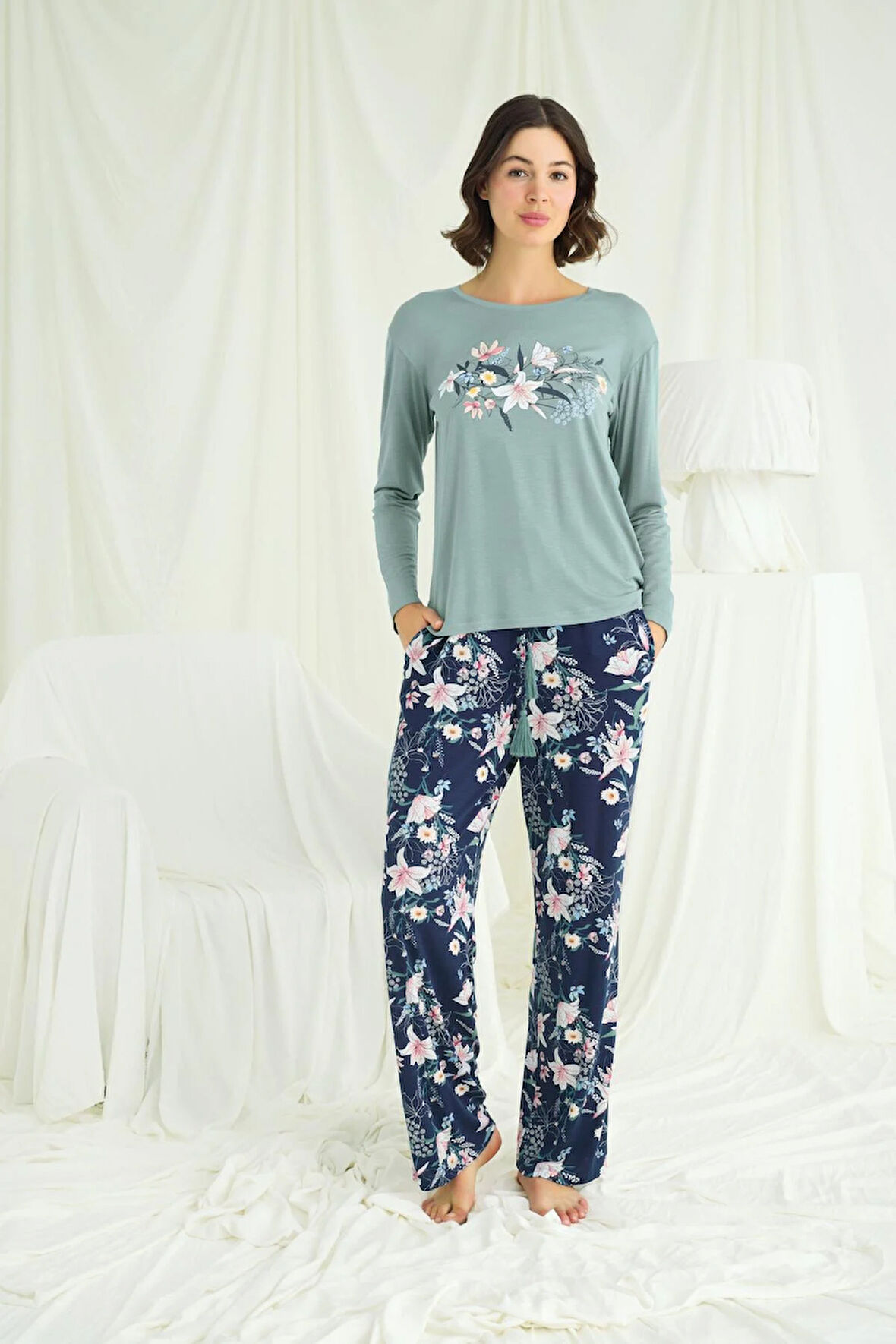 Monamise Kadın Çiçek ve Yaprak Desenli Baskılı Pijama Takımı 24133 