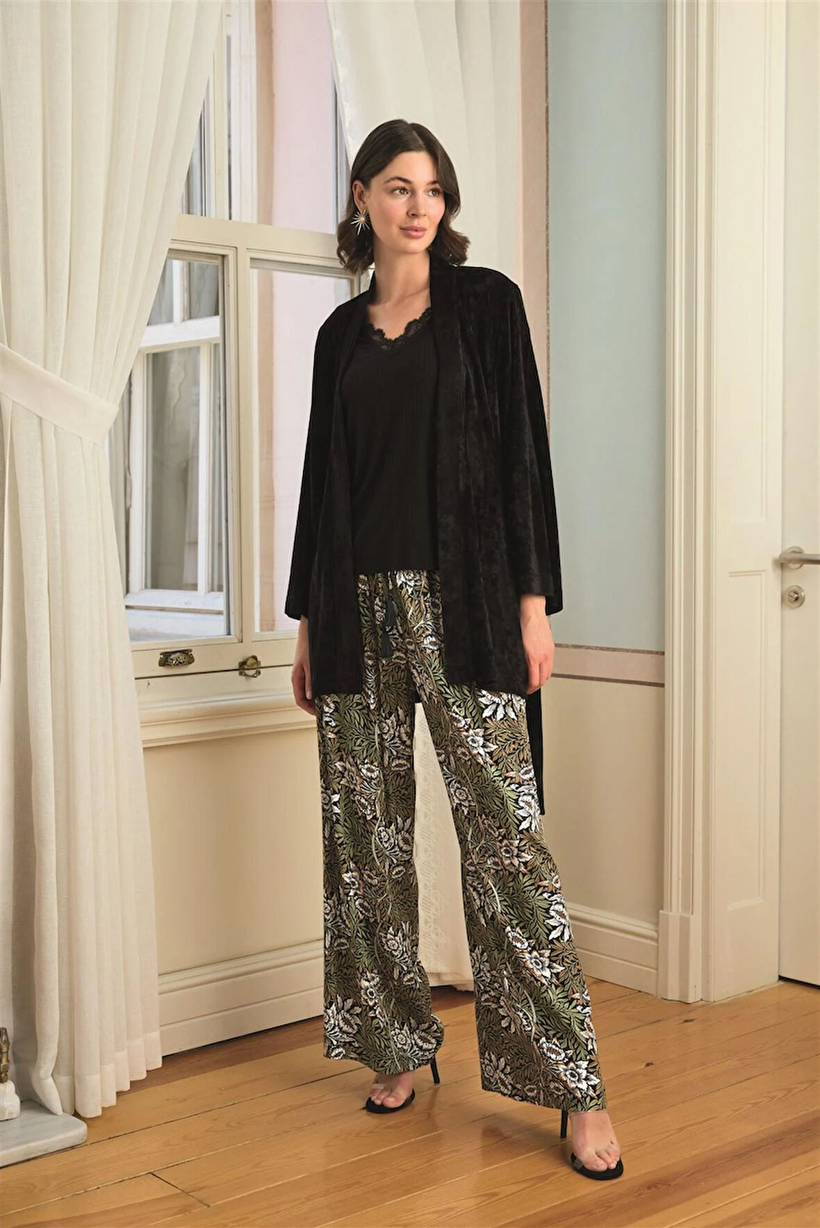 Monamise Kadın Çiçek Yaprak ve Etnik Desenli Dantelli 3'lü Pijama Takımı 24148 