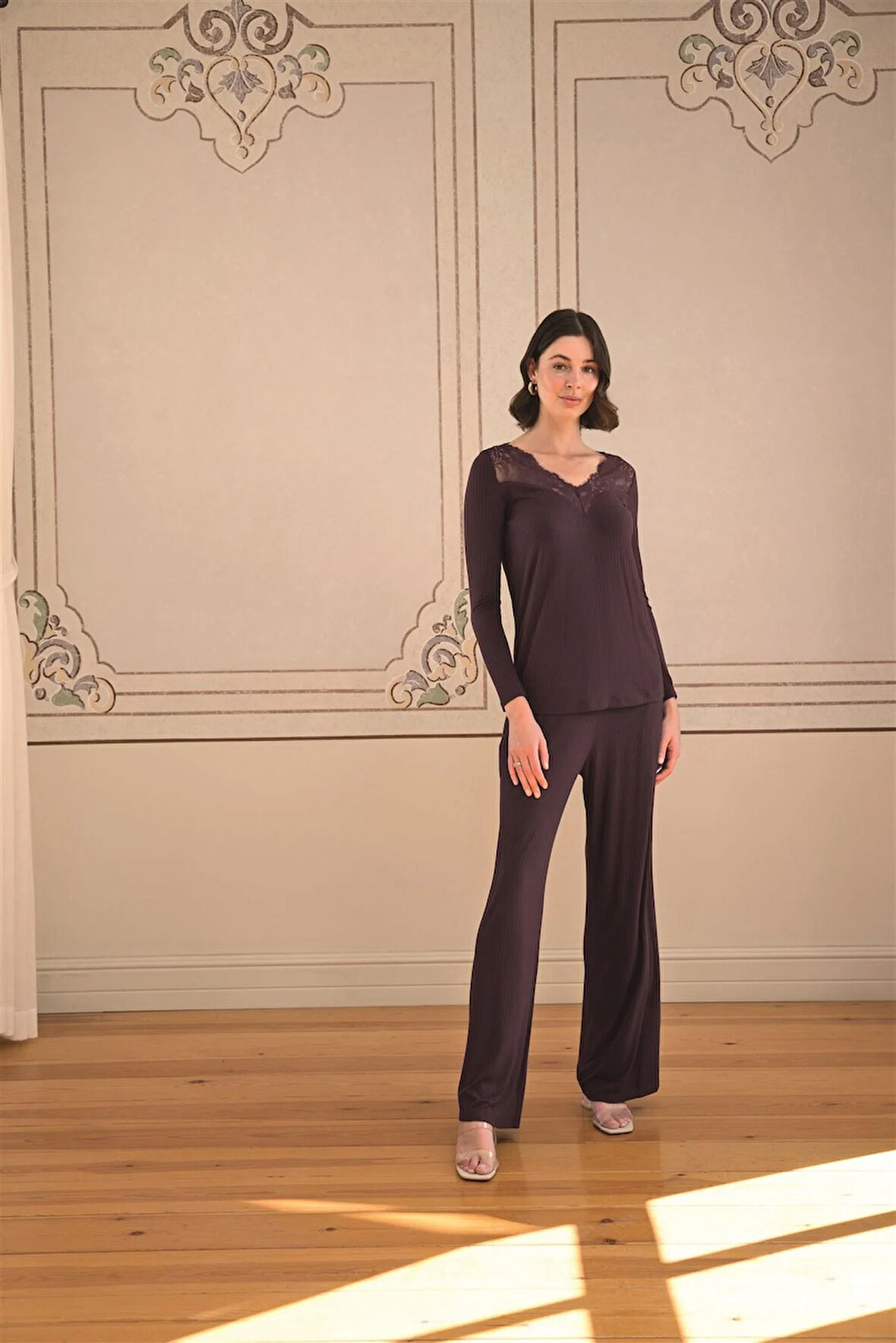 Monamise Kadın Uzun Kollu ve Dantelli Pijama Takımı 24159 