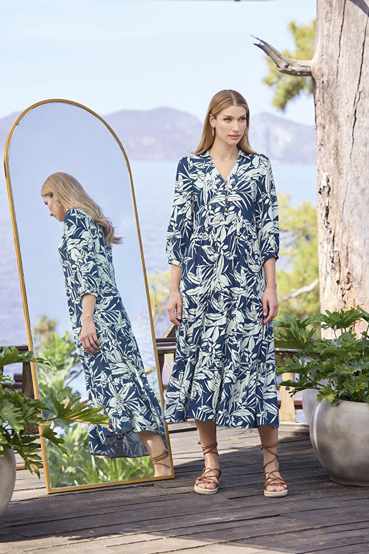 Monamise Kadın Yaprak Desenli Önü Düğmeli Truvakar Kollu Elbise 25013 