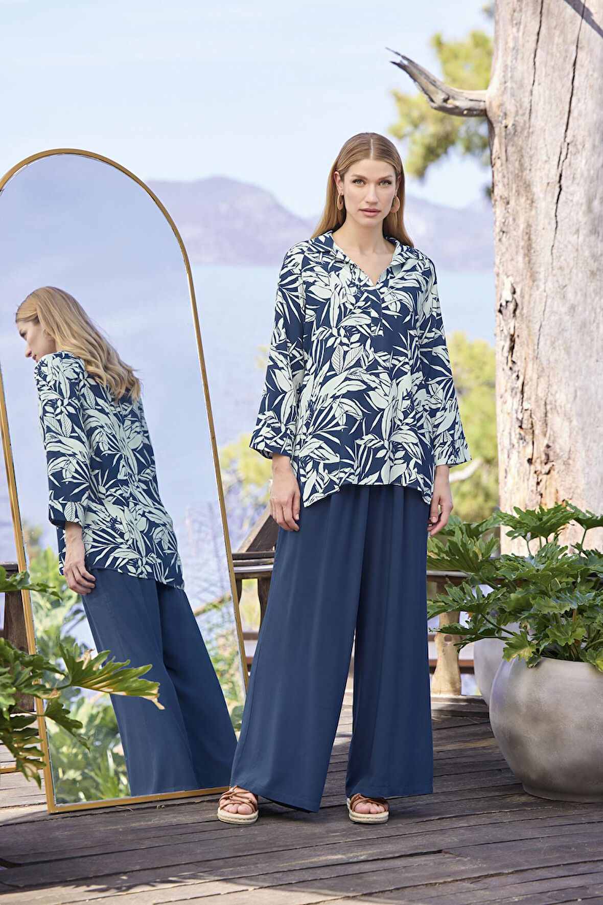 Monamise Kadın Yaprak Desenli Uzun Kollu Gömlek Yaka Alt Üst Takım 25016 