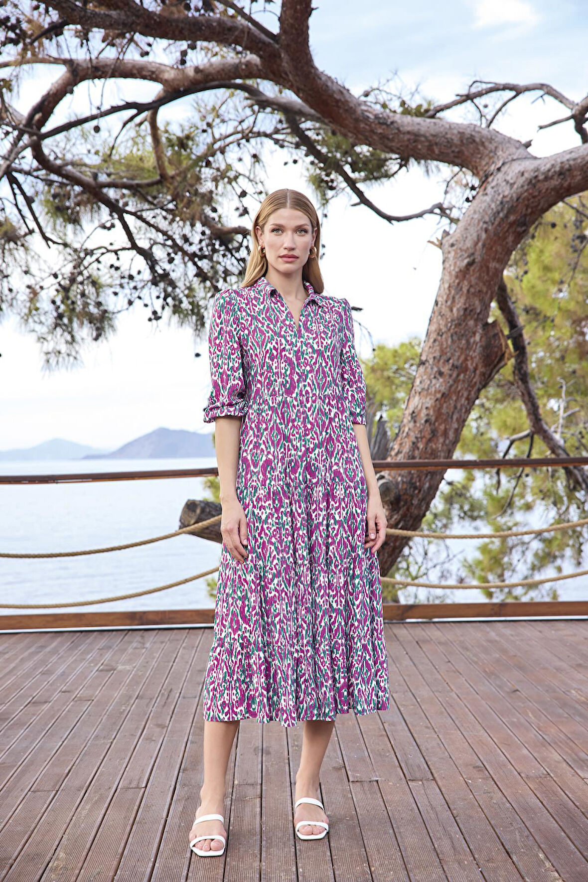 Monamise Kadın Desenli Truvakar Kollu Gömlek Yaka Elbise 25018 