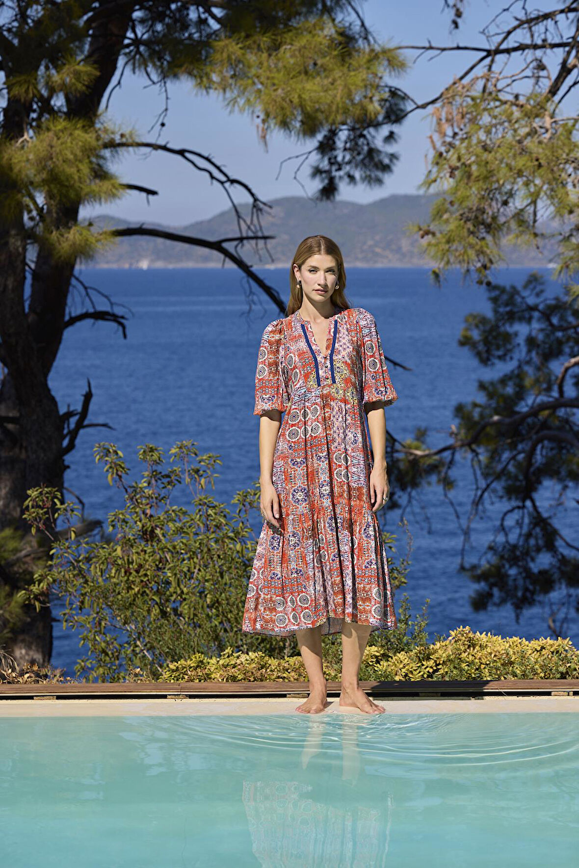 Monamise Kadın Etnik Desenli Truvakar Kollu Önü Düğmeli V Yaka Elbise 25031 