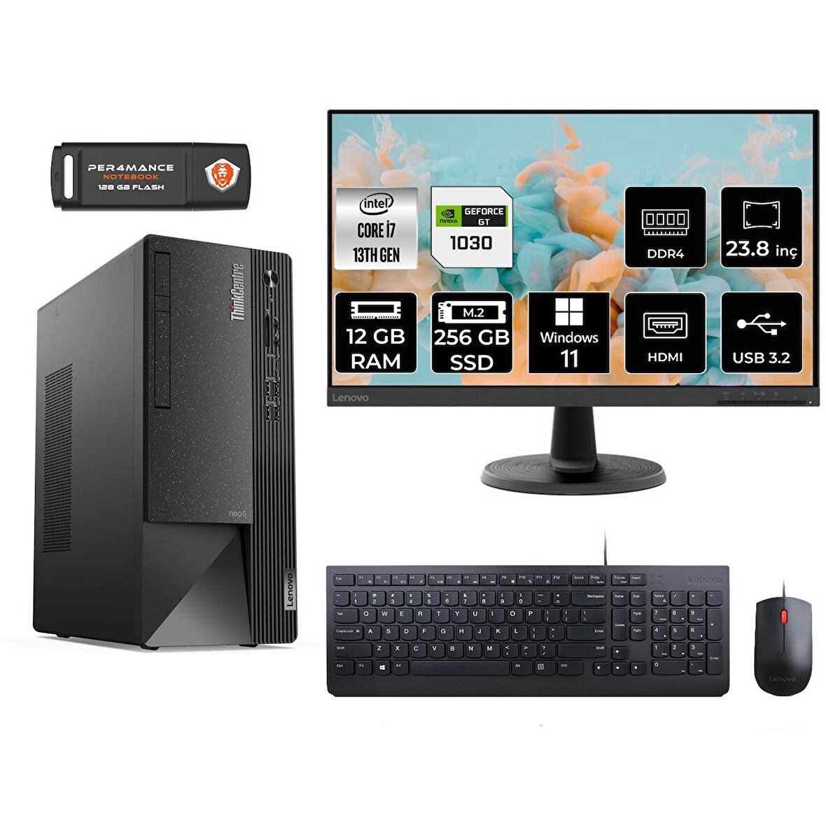 Lenovo ThinkCentre Neo 50T i7 13700 12GB 256GB SSD GT1030/4GB W11P 12JD0008TR MASAÜSTÜ PC & 23.8" MONİTÖR
