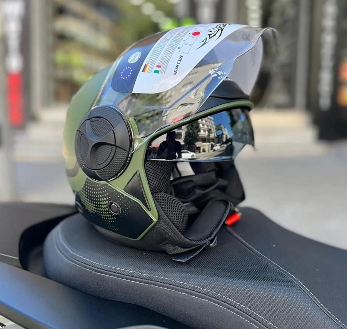 Sway 737 Şeffaf Vizörlü Güneş Gözlüklü Yarım Motosiklet Scooter Kaskı XL Beden Army Green