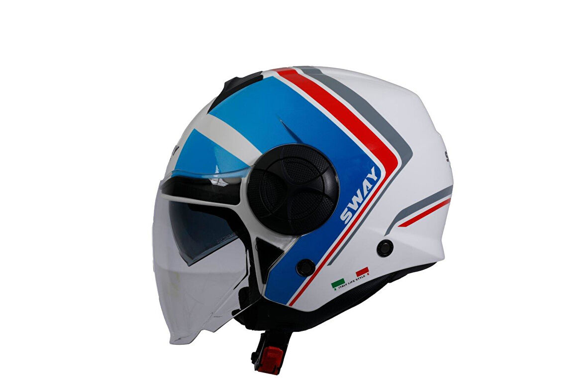Sway 737 Şeffaf Vizörlü Güneş Gözlüklü Yarım Motosiklet Scooter Kaskı XL Beden Double With Blue Red