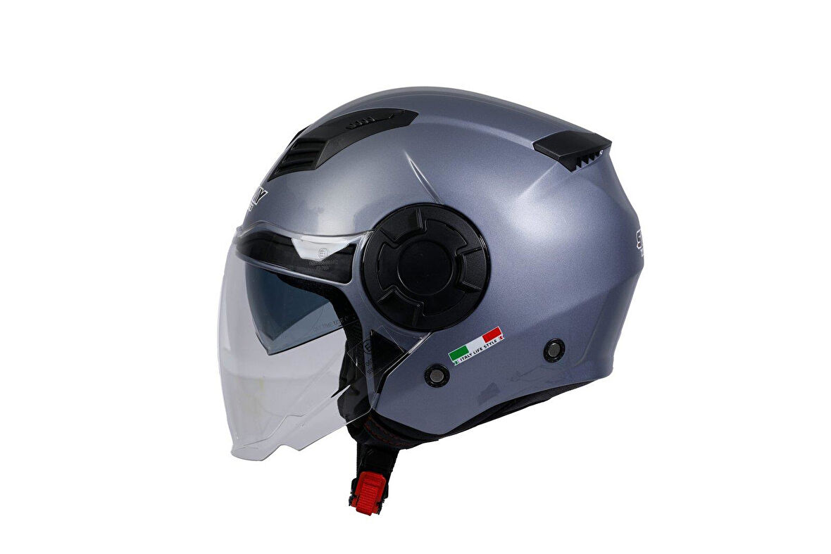 Sway 766 Geko Güneş Gözlüklü Yarım Motosiklet Kaskı 2XL Beden Gloss Gri