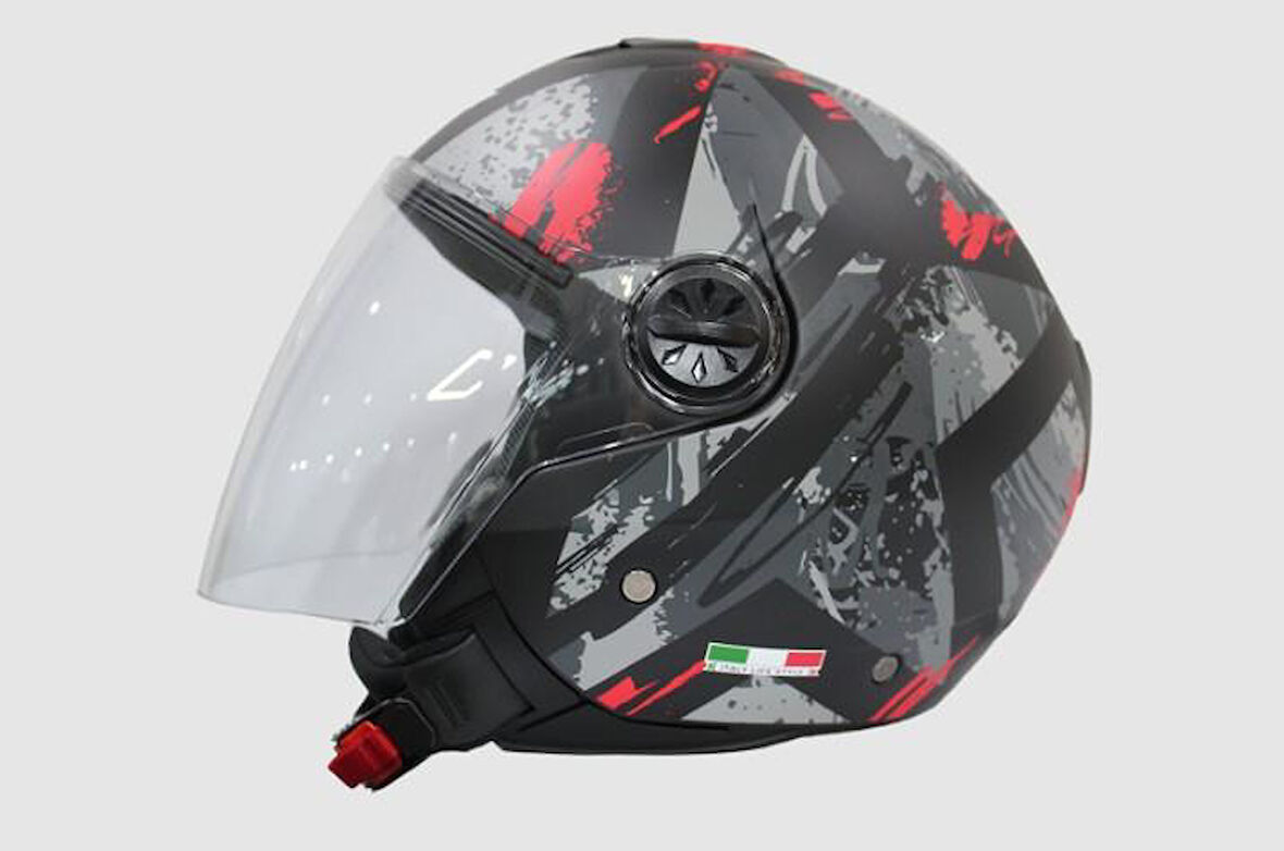 Sway 715 Şeffaf Vizörlü Yarım Motosiklet Scooter Kaskı L Beden Poison Black Grey Red