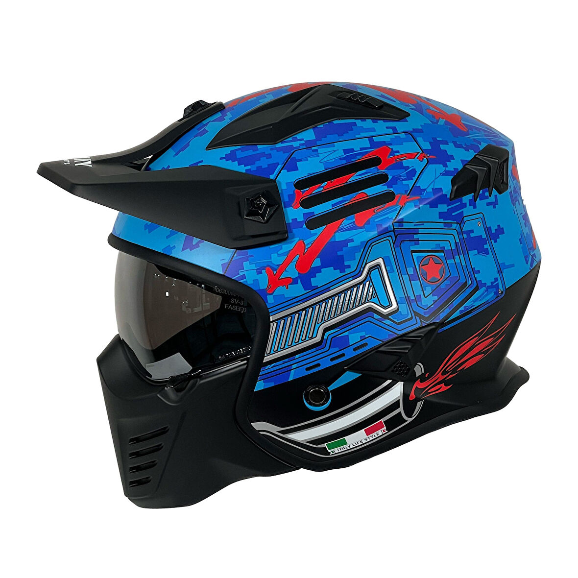 Sway X2 Tokyo Trooper Modüler Full Face Çene Sökülebilen Motosiklet Kaskı M Beden Mavi Kırmızı