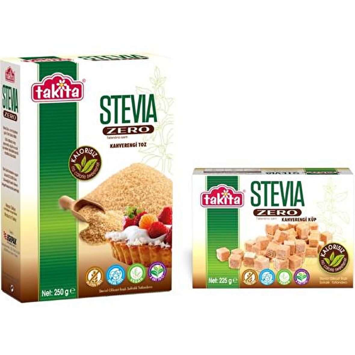 Takita Stevia Zero Kahverengi  2’li Tatlandırıcı Set Toz Tatlandırıcı 250 g ve Küp Tatlandırıcı 225 g. 