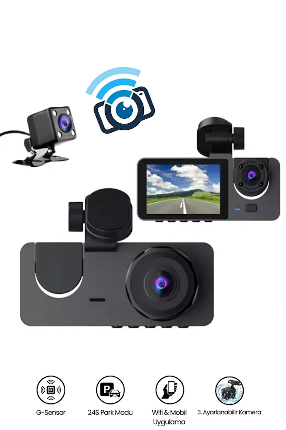 Araç İçi Kayıt Cihazı  Ön + İç + Arka Kamera Geniş Açı ve HD Görüntü Mobil Uygulama Destekli