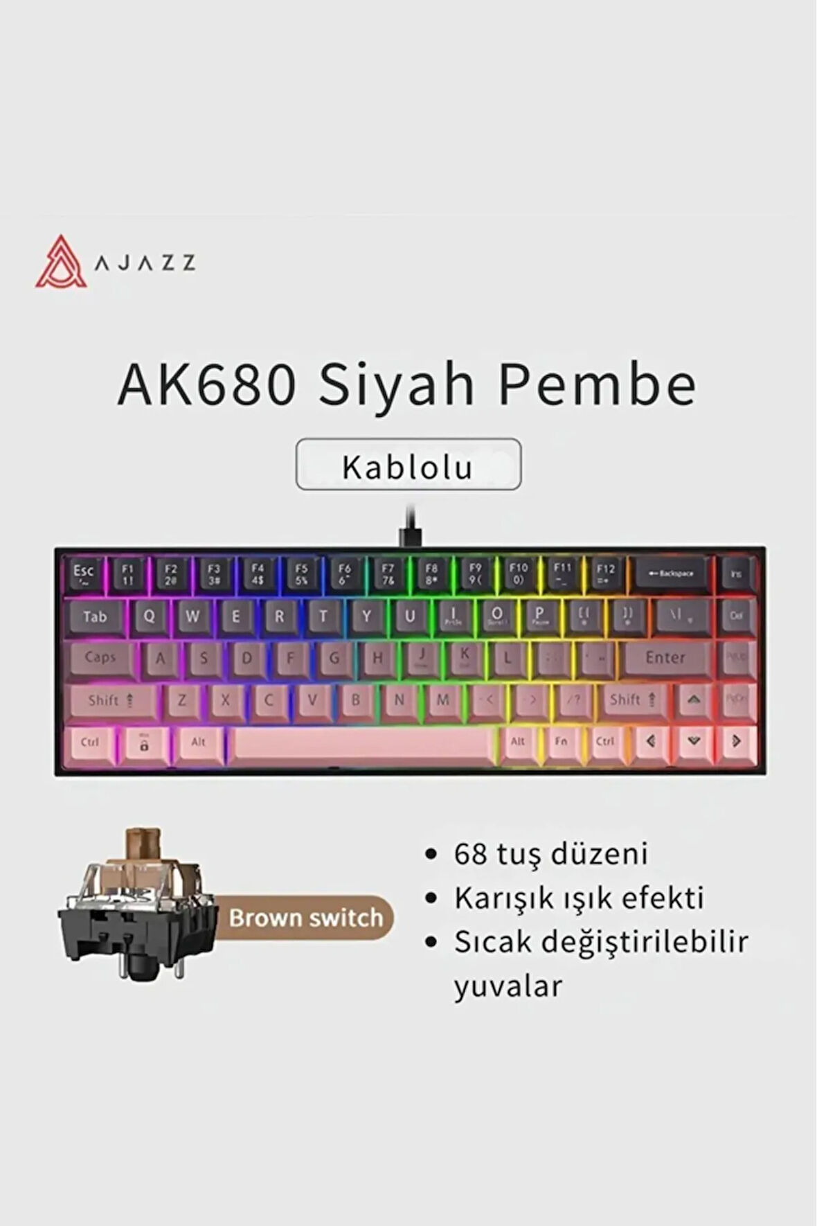 Ak680 Kahverengi Switch Hot-swap Kablolu Mekanik Oyuncu Gaming Klavye