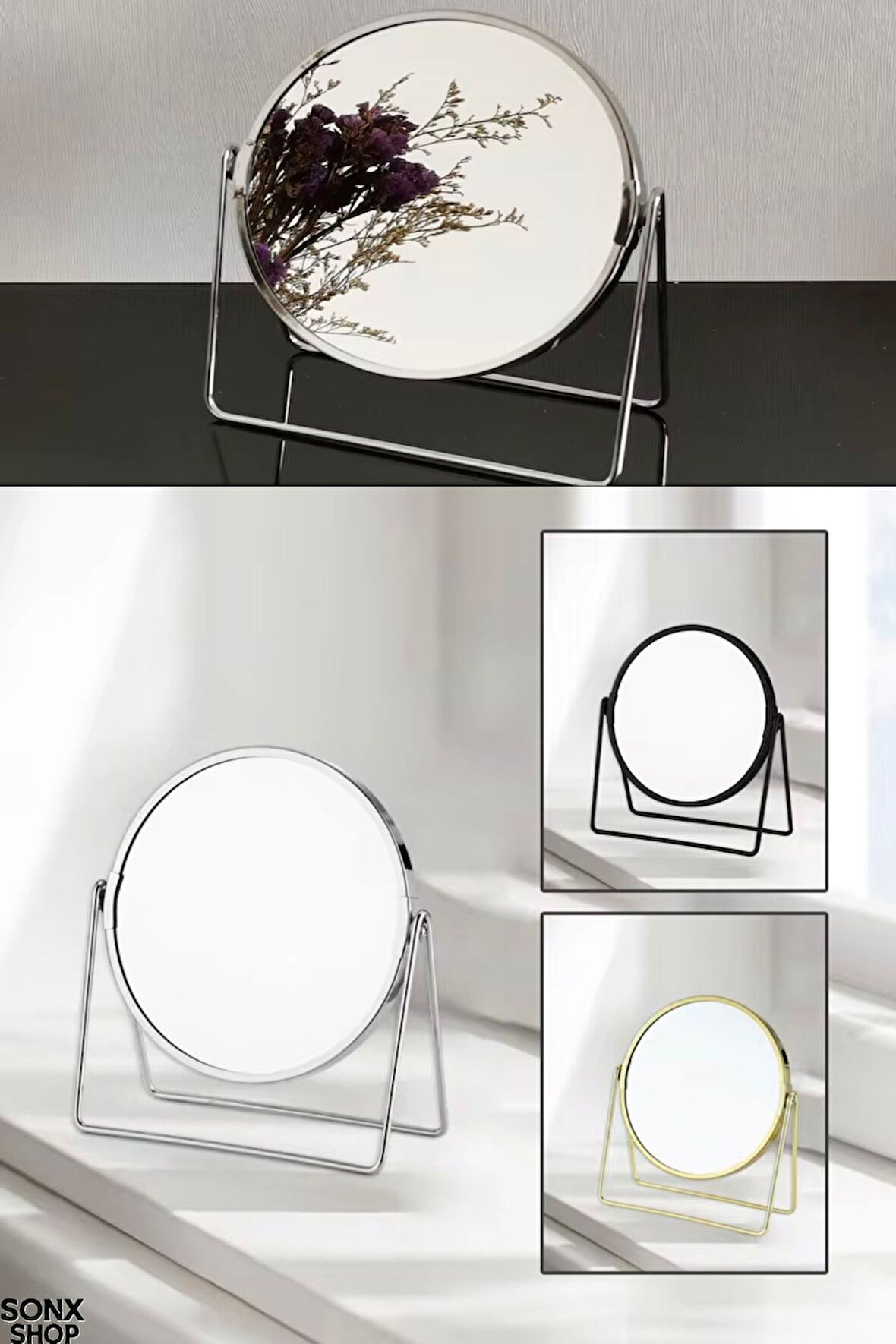 Ayarlanabilir Metal Ayaklı Masa Üstü Makyaj Aynası - 360° Döner, Şık Dekoratif Tasarım GRİ