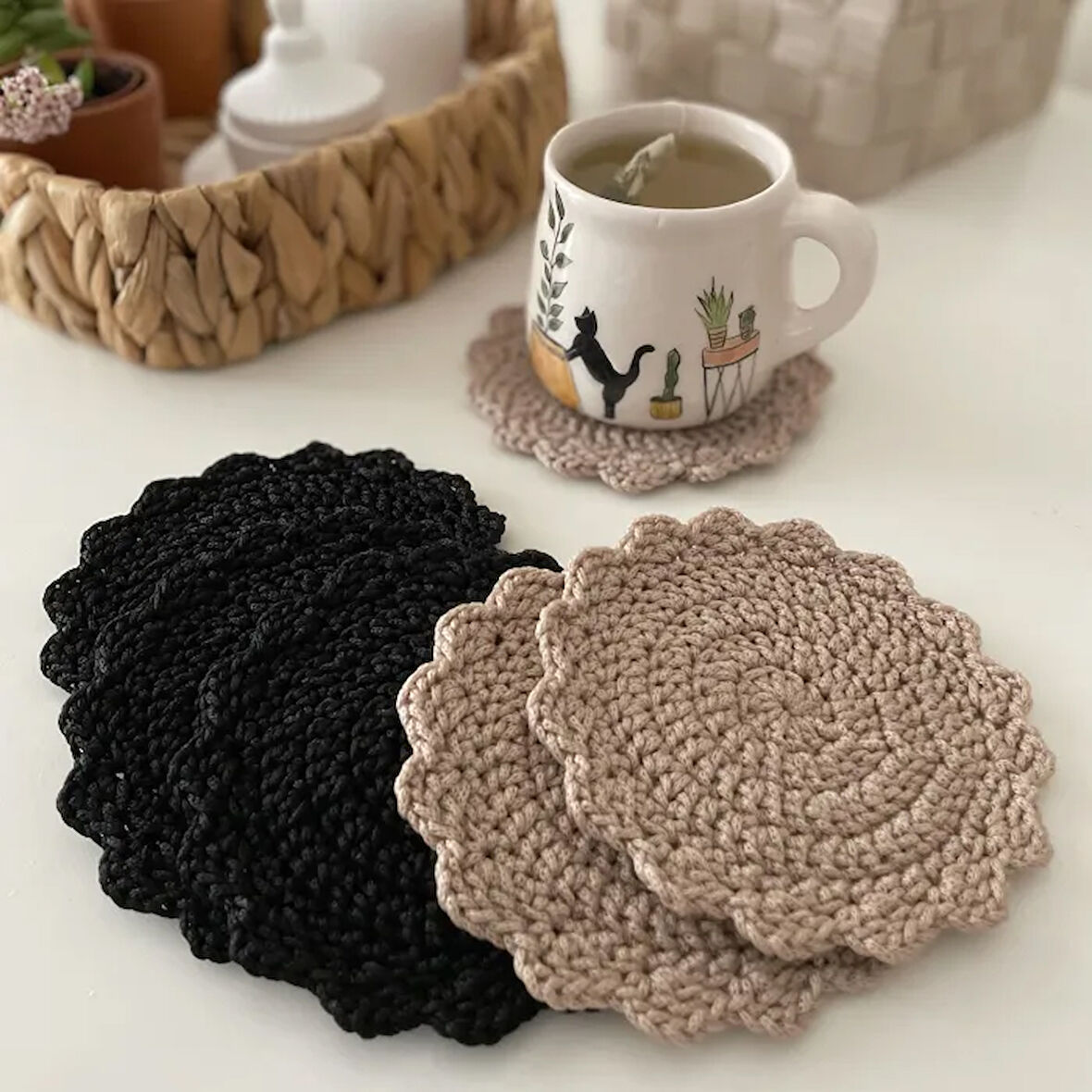 Uretti - Hacer 8870 - El Yapımı 3'lü Makrome İp Örgü Bardak Altlığı - Siyah - 13 cm