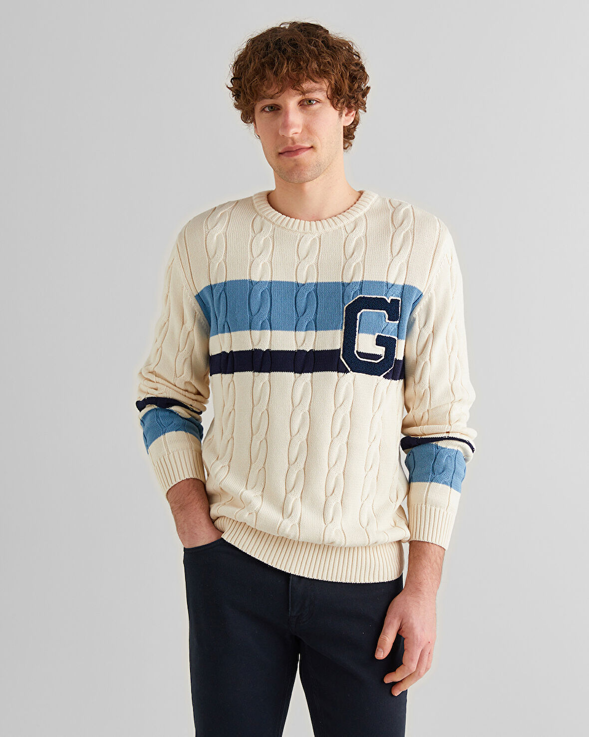 GANT Erkek Krem Relaxed Fit Bisiklet Yaka Renk Bloklu Örgü Kazak