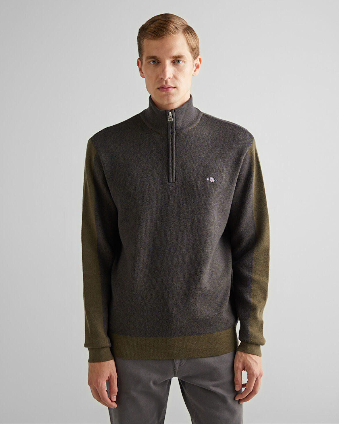 GANT Erkek Yeşil Relaxed Fit Yarım Fermuarlı Renk Bloklu Kazak