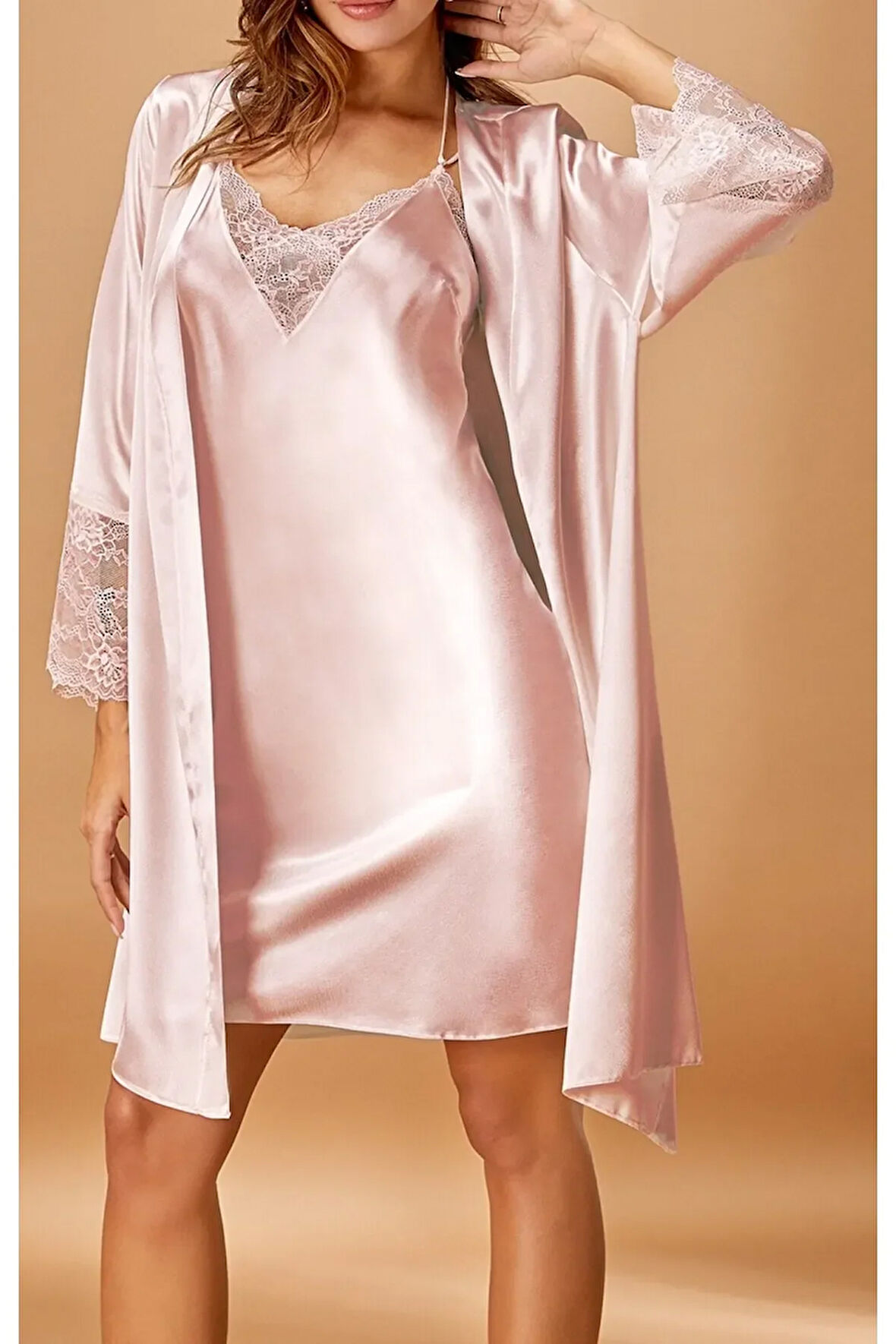 Kadın Saten Kimono & Gecelik İkili Takım L.N0.U1.RT.26