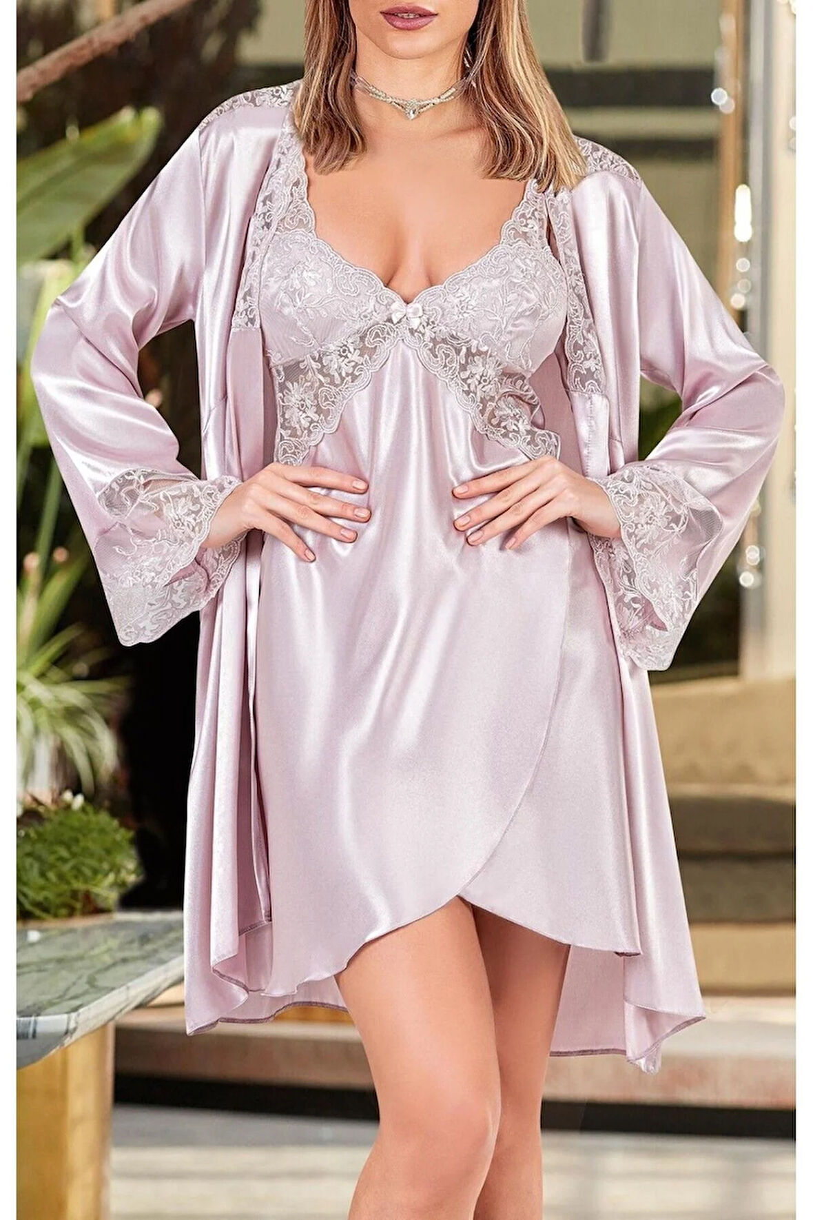 Kadın Saten Dantel Detaylı Kimono & Gecelik Takım L.N0.U1.RT.25