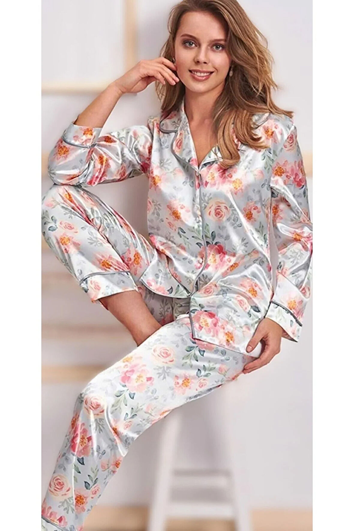 Kadın 2'li Saten Pijama Takımı Set L.N0.U1.RT.08