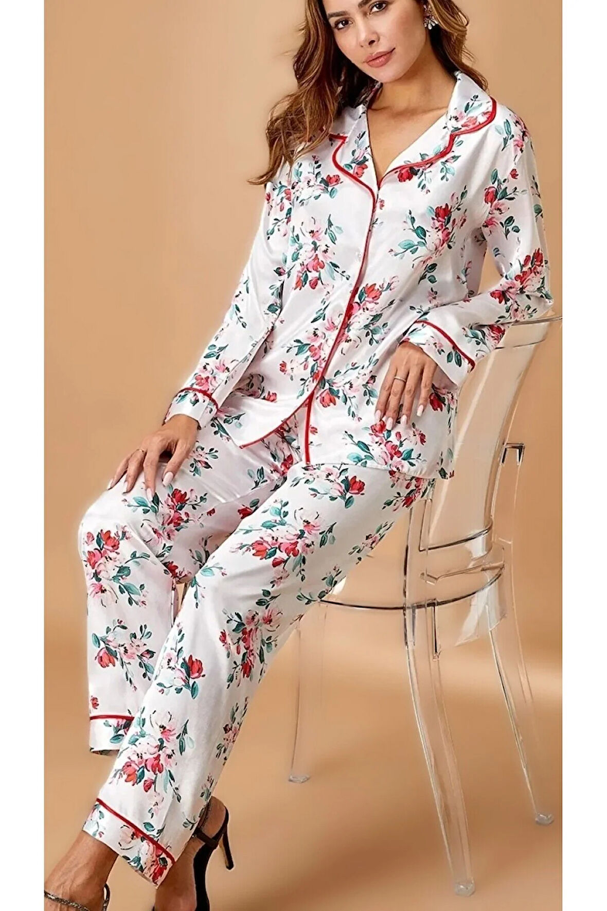Kadın 2'li Saten Pijama Takımı Set L.N0.U1.RT.08