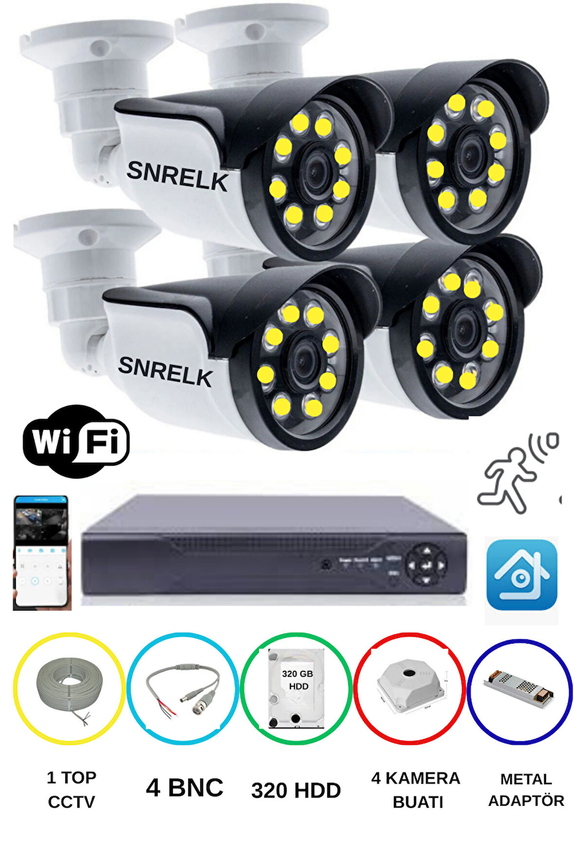 SNRELK  4'LÜ 5MP LENS WARM LEDLİ GECE RENKLİ GÜVENLİK KAMERASI AHD 320 GB SU GEÇİRMEZ FULL SET