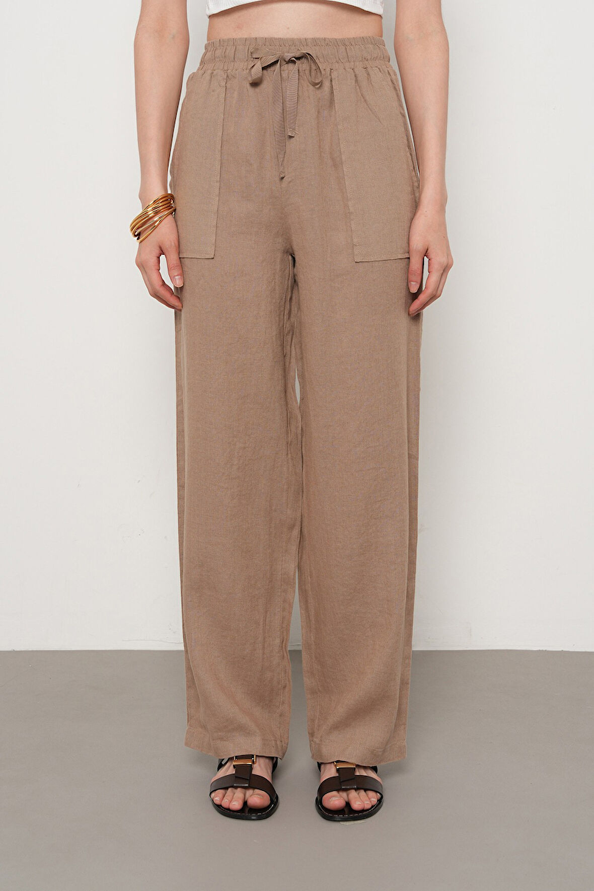 KADIN %100 KETEN CEP DETAYLI BOL PAÇA PANTOLON