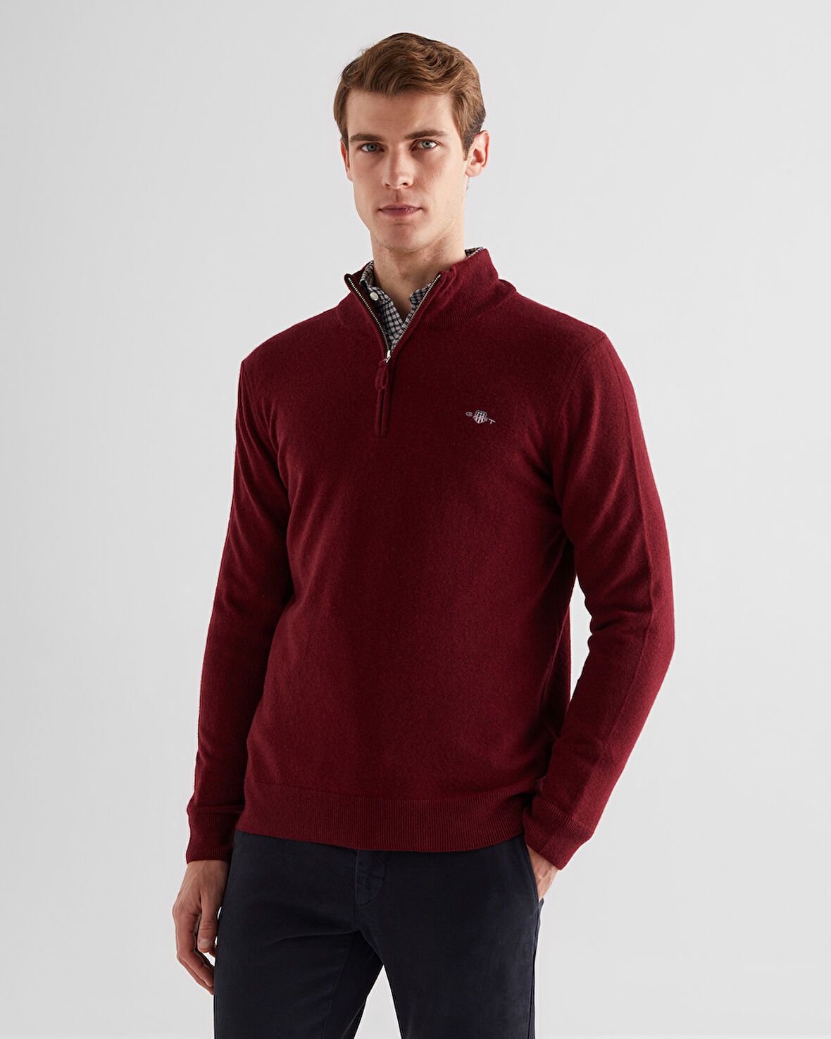 GANT Erkek Bordo Regular Fit Yarım Fermuarlı Yün Kazak