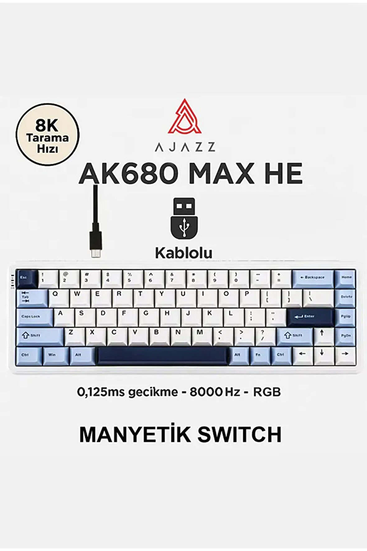 AK680 Max Rapid Trigger Manyetik Switch Mekanik Kablolu Klavye RGB 0.125 MS Ultra Düşük Gecikme