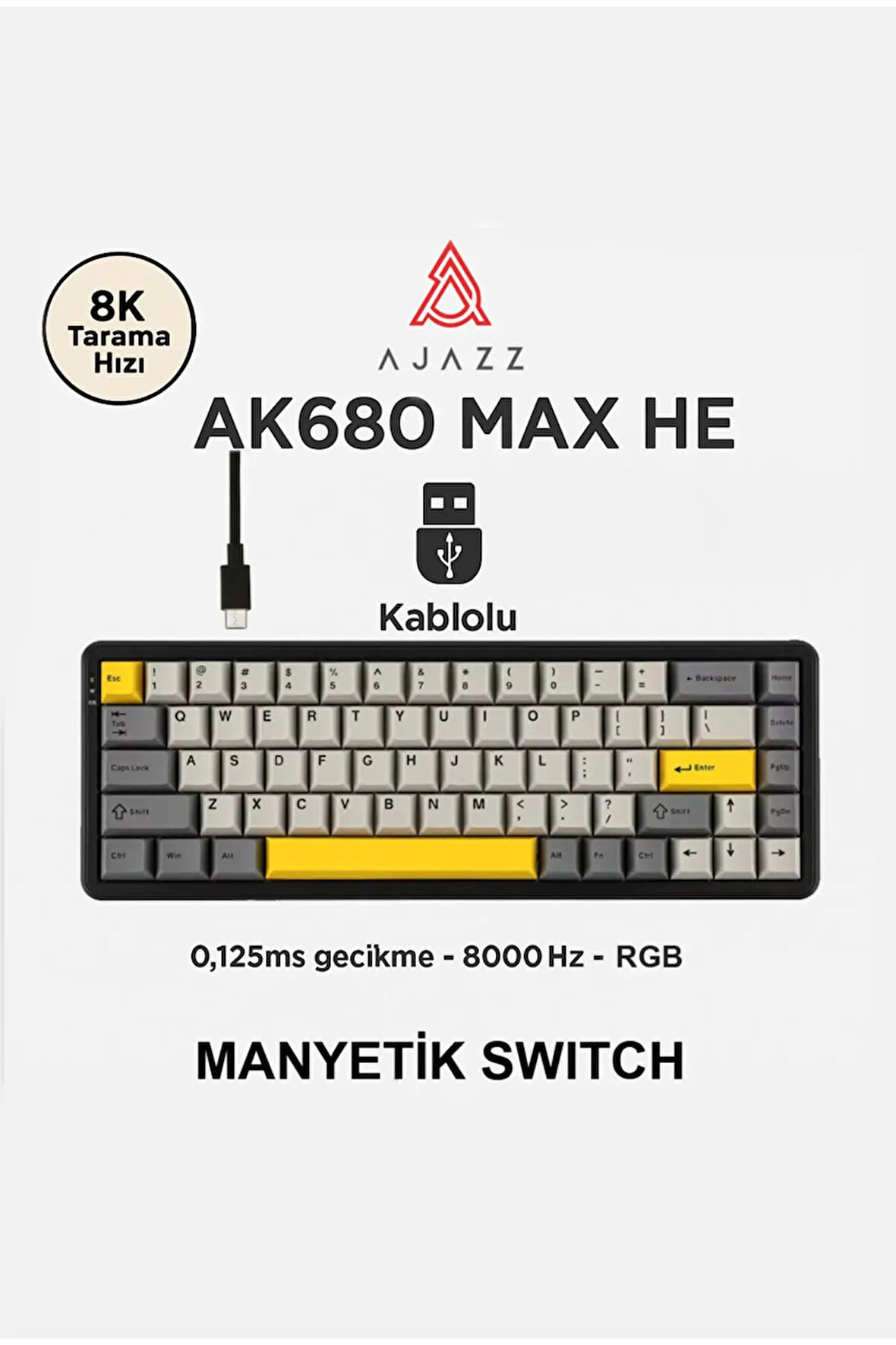 AK680 Max Rapid Trigger Manyetik Switch Mekanik Kablolu Klavye RGB 0.125 MS Ultra Düşük Gecikme