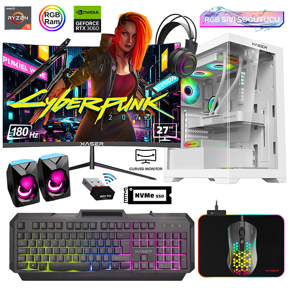 Xaser Xsr813 Ryzen 5 5600 16GB Ram 512GB M.2 NVMe SSD 12GB RTX3060 27"Curved 180Hz Sıvı Soğutma Oyuncu Bilgisayarı