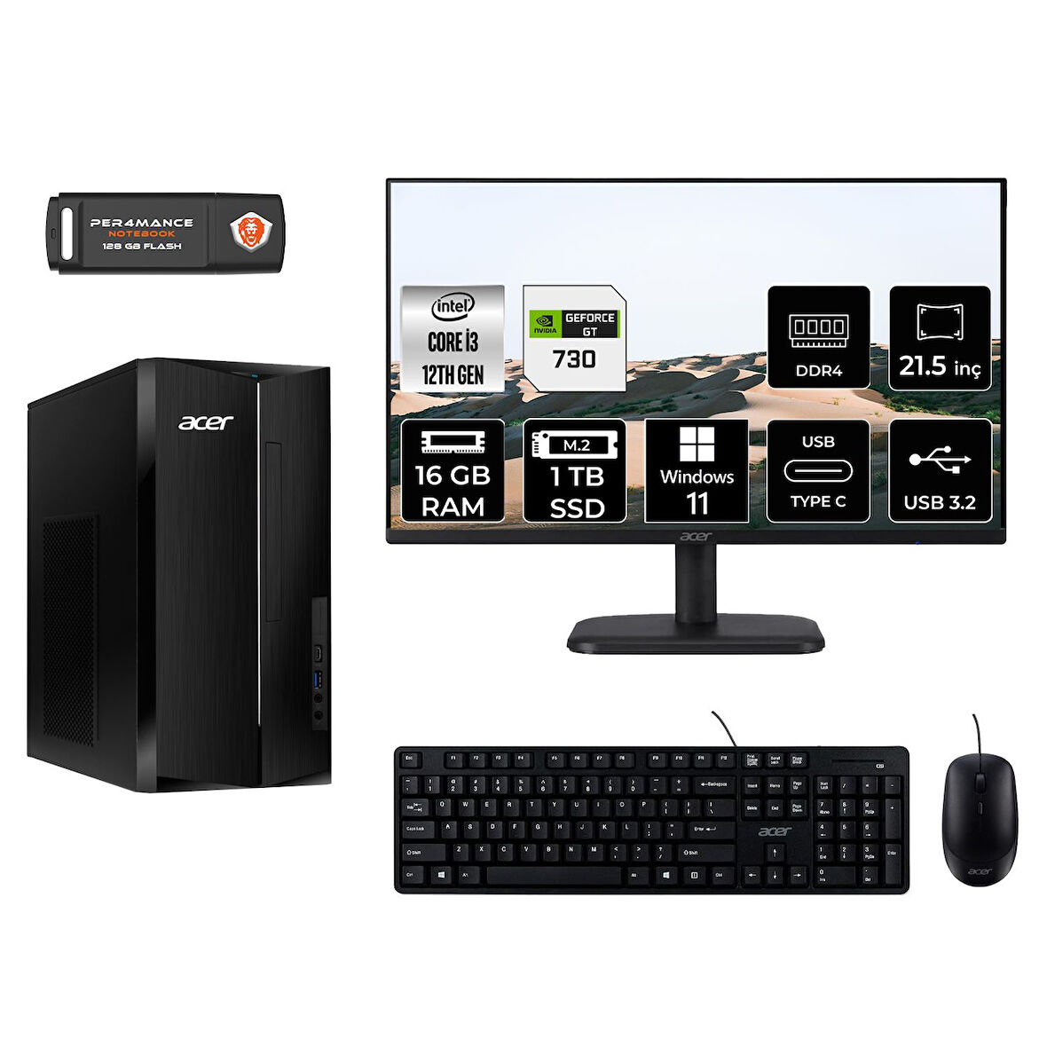 ACER ASPİRE TC1760 MDT004D363 i3 12100 16GB RAM 1TB SSD GT730 4GB 21.5" W11H MASAÜSTÜ PC