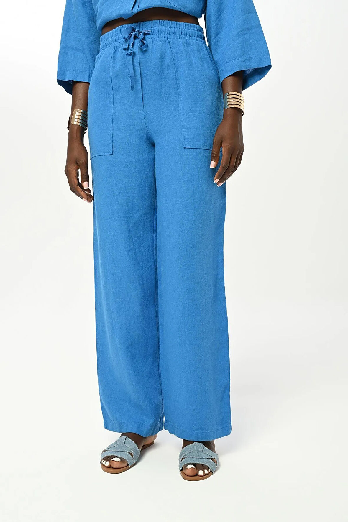 KADIN BELİ LASTİKLİ BOL PAÇA DÜZ RENK KETEN PANTOLON