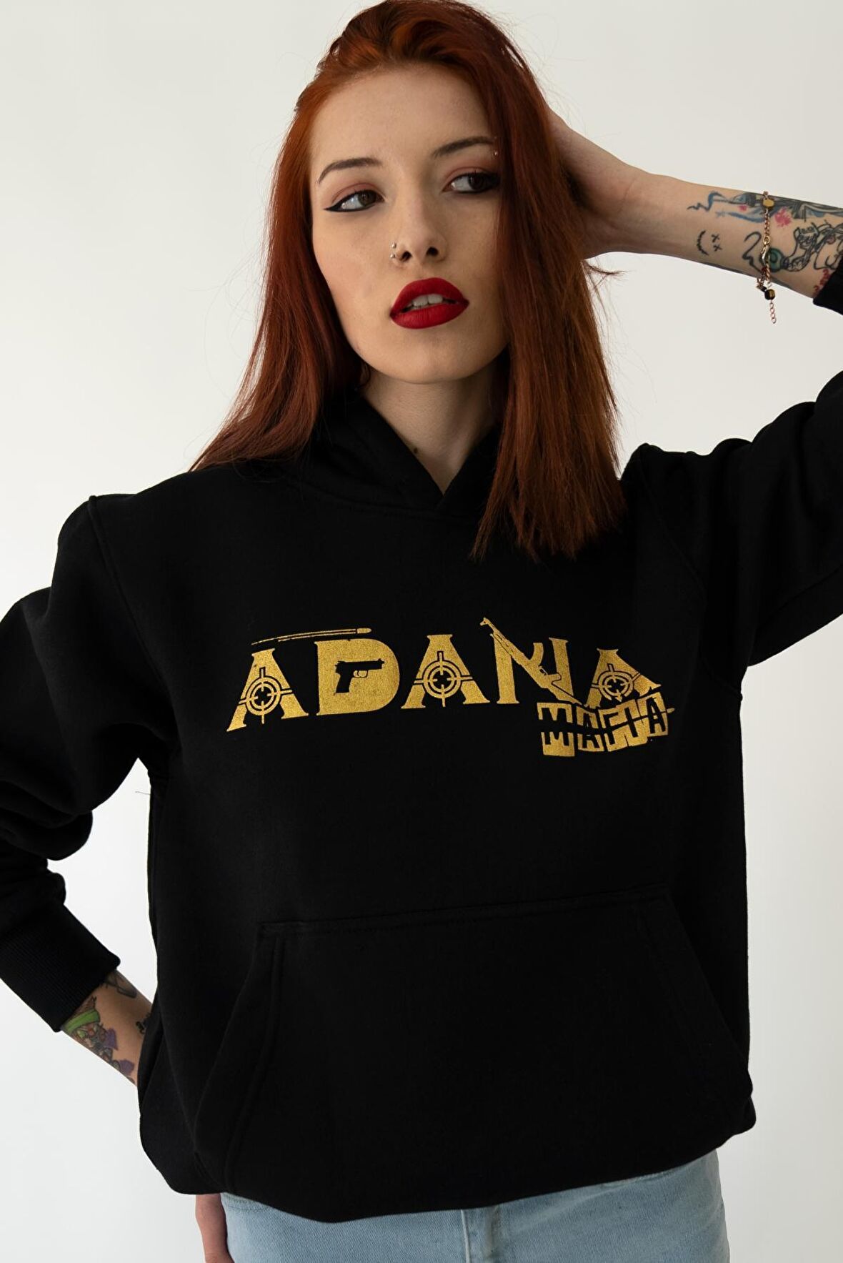 ADANA MAFIA Kapşonlu Siyah Unisex Sweatshirt Hoodie Polar - SMALL