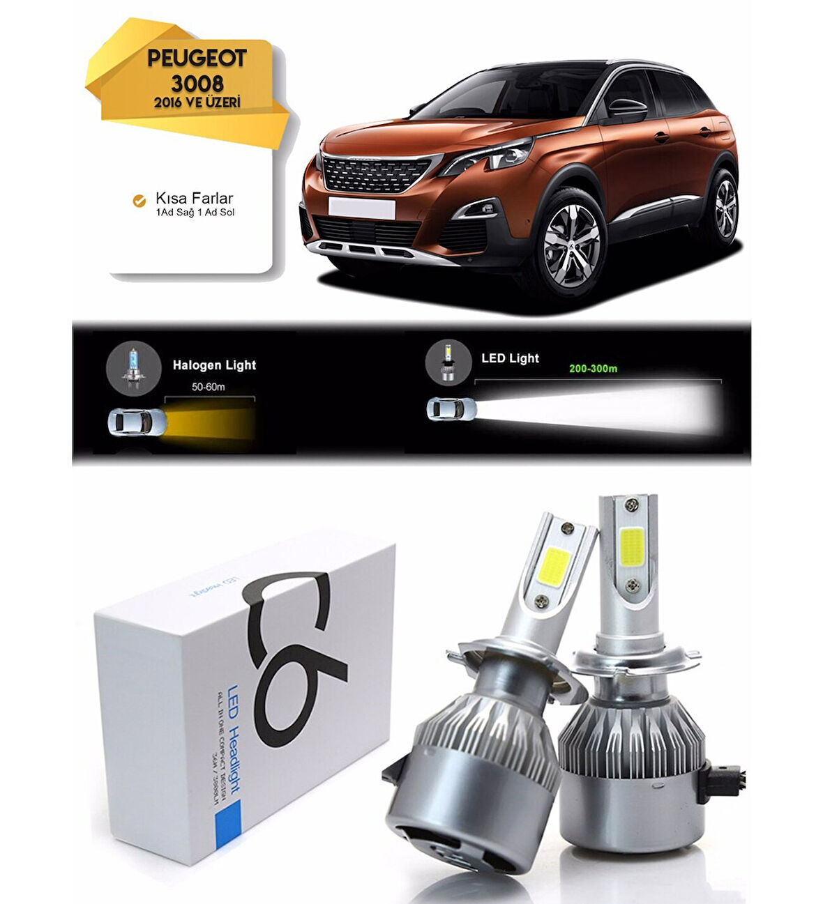 Peugeot 3008 Kısa Far Led Xenon Şimşek Etkili 2016 ve Üzeri