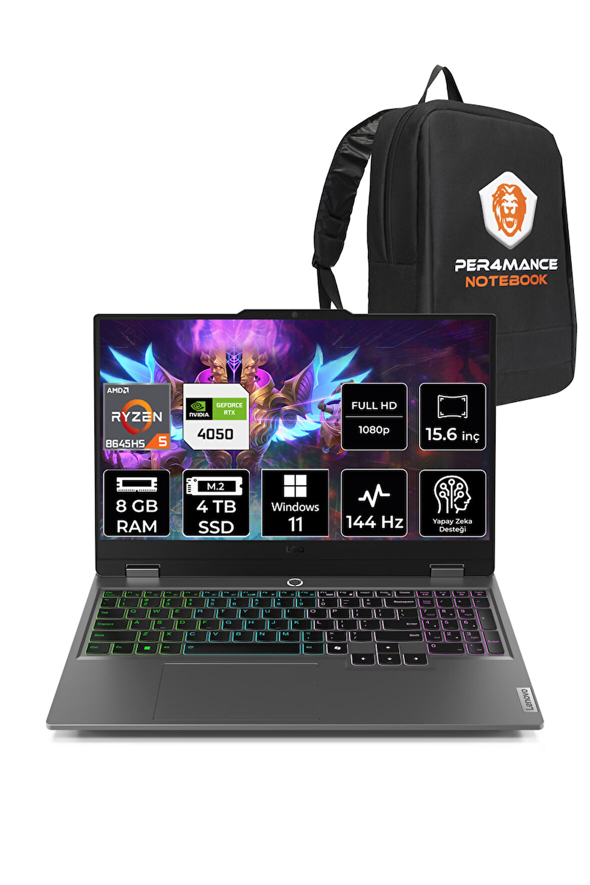 Lenovo LOQ AI R5 8645HS 8GB 4TB SSD RTX4050/6GB 105W FHD 15.6" W11H Gaming Laptop & PER4 ÇANTA