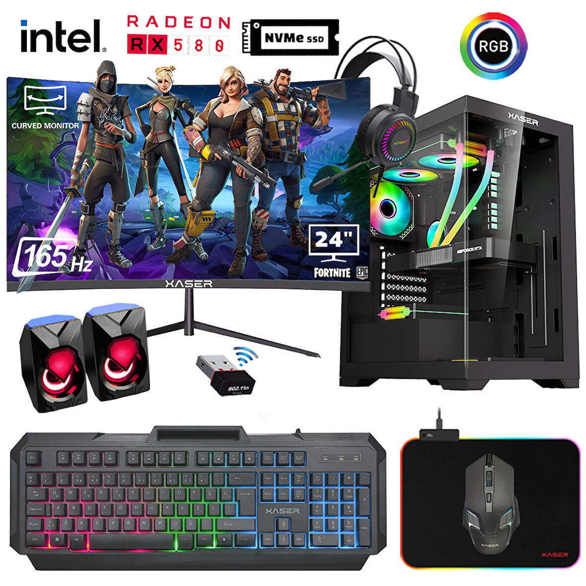Xaser Xsr929 i5 6400 16GB Ram 512GB M.2 NVMe SSD 8GB RX580 23.8" 165Hz Curved  Oyuncu Bilgisayarı