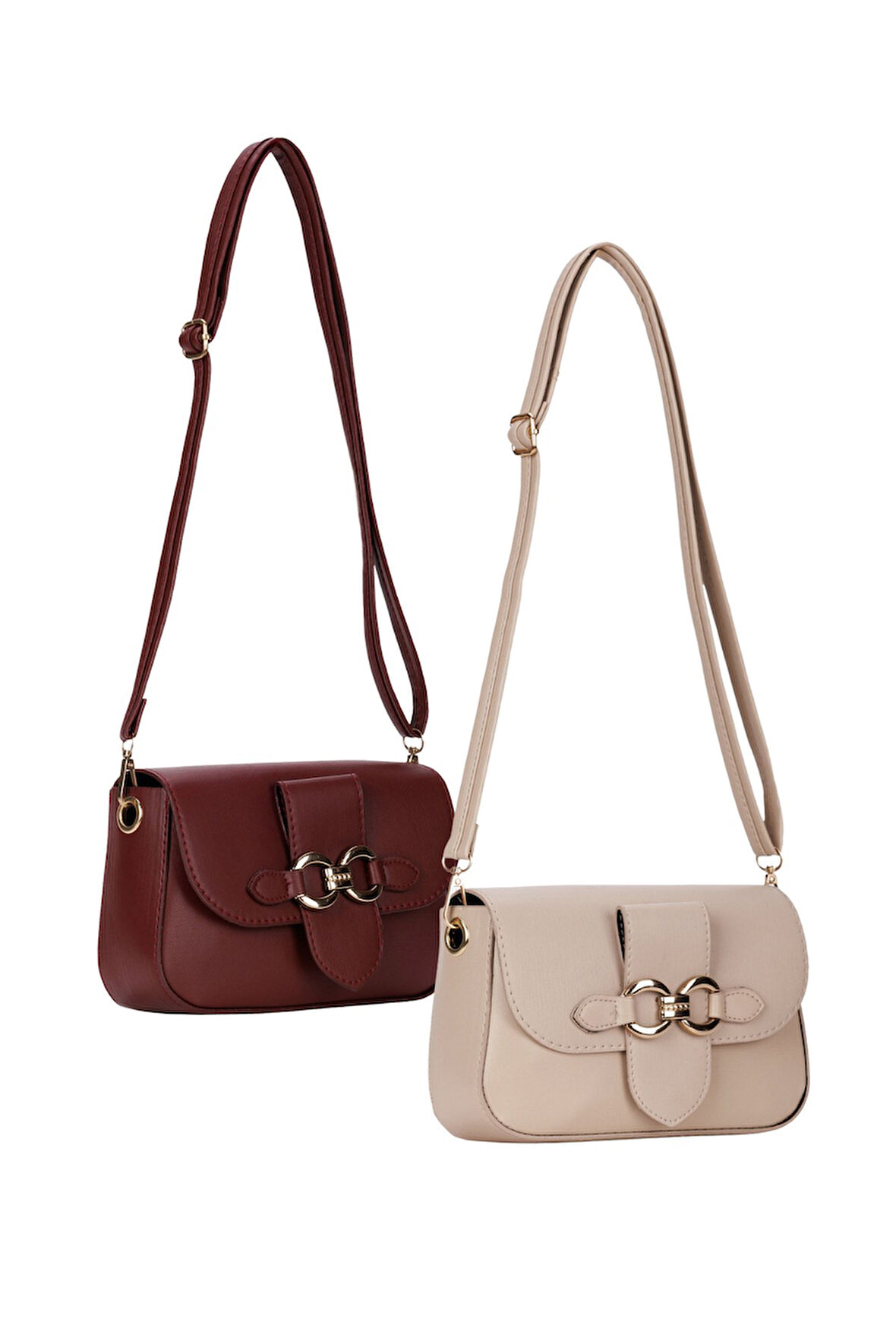 2'li Kadın Çanta Paketi Kapaklı Çapraz Askılı Bordo ve Bej Omuz Çantası 2 Adet