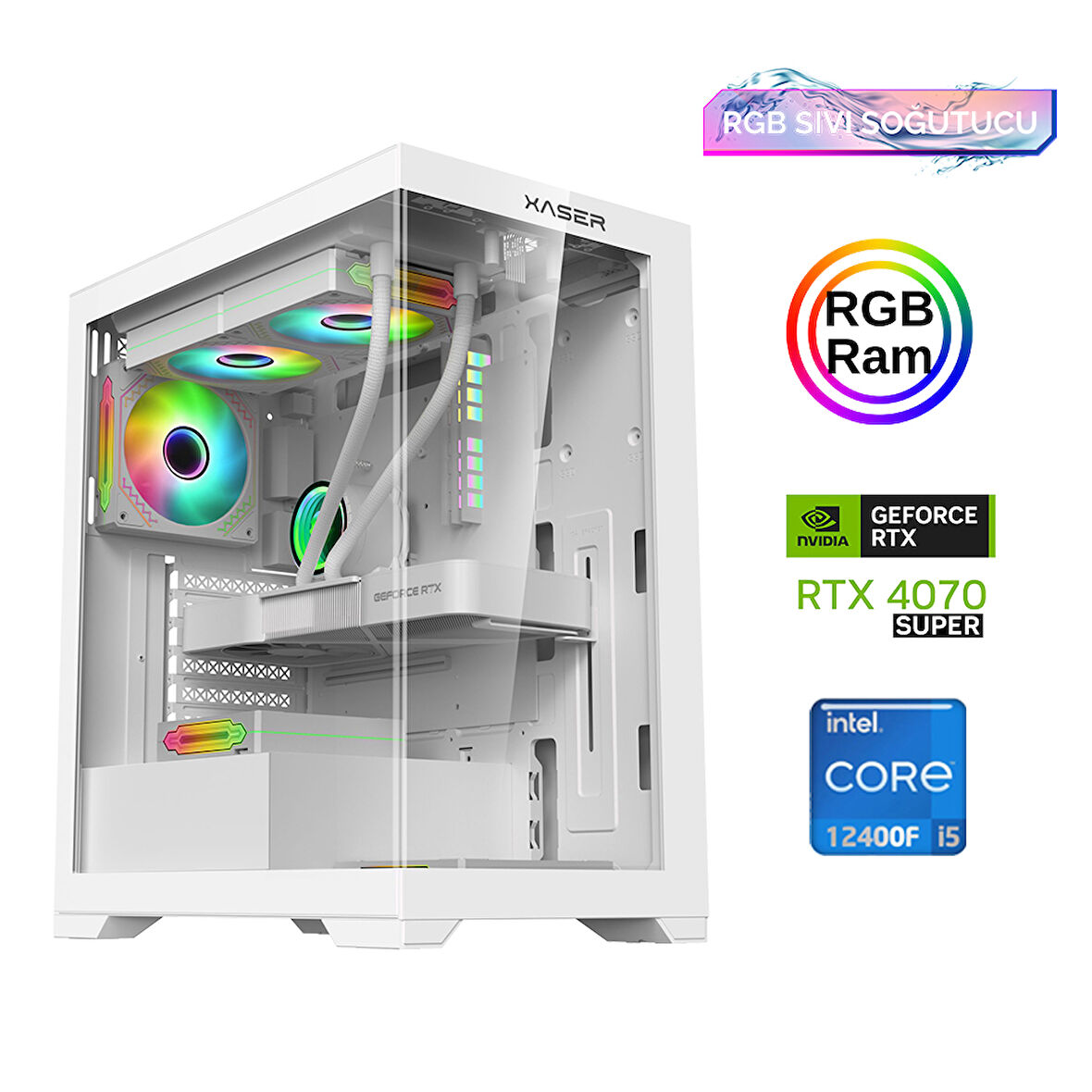 Xaser Xsr805 i5 12400F 16GB Ram 512GB M.2 NVMe SSD 12GB RTX4070 SUPER Sıvı Soğutma Oyuncu Bilgisayarı