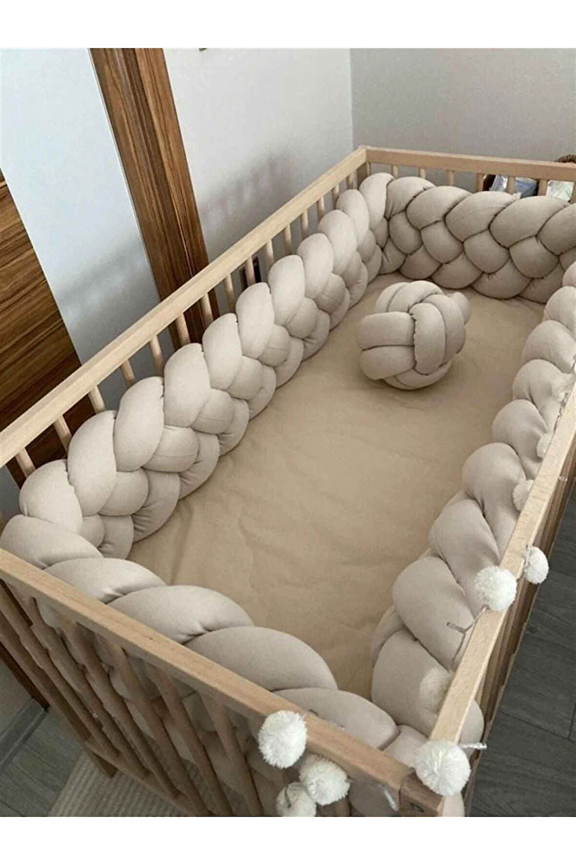 Bej Renk 90x190 4 Örgü Koruma Montessori/beşik Koruma Yatak Koruyucu Özel Tasarım