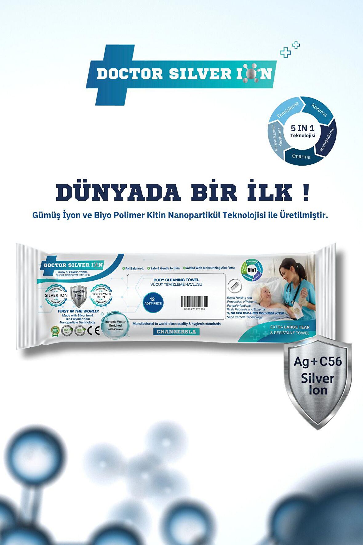 Gümüş Iyon & Biyopolimer Kitin Teknolojili Hasta Vücut Temizleme Havlusu (12 Adet)