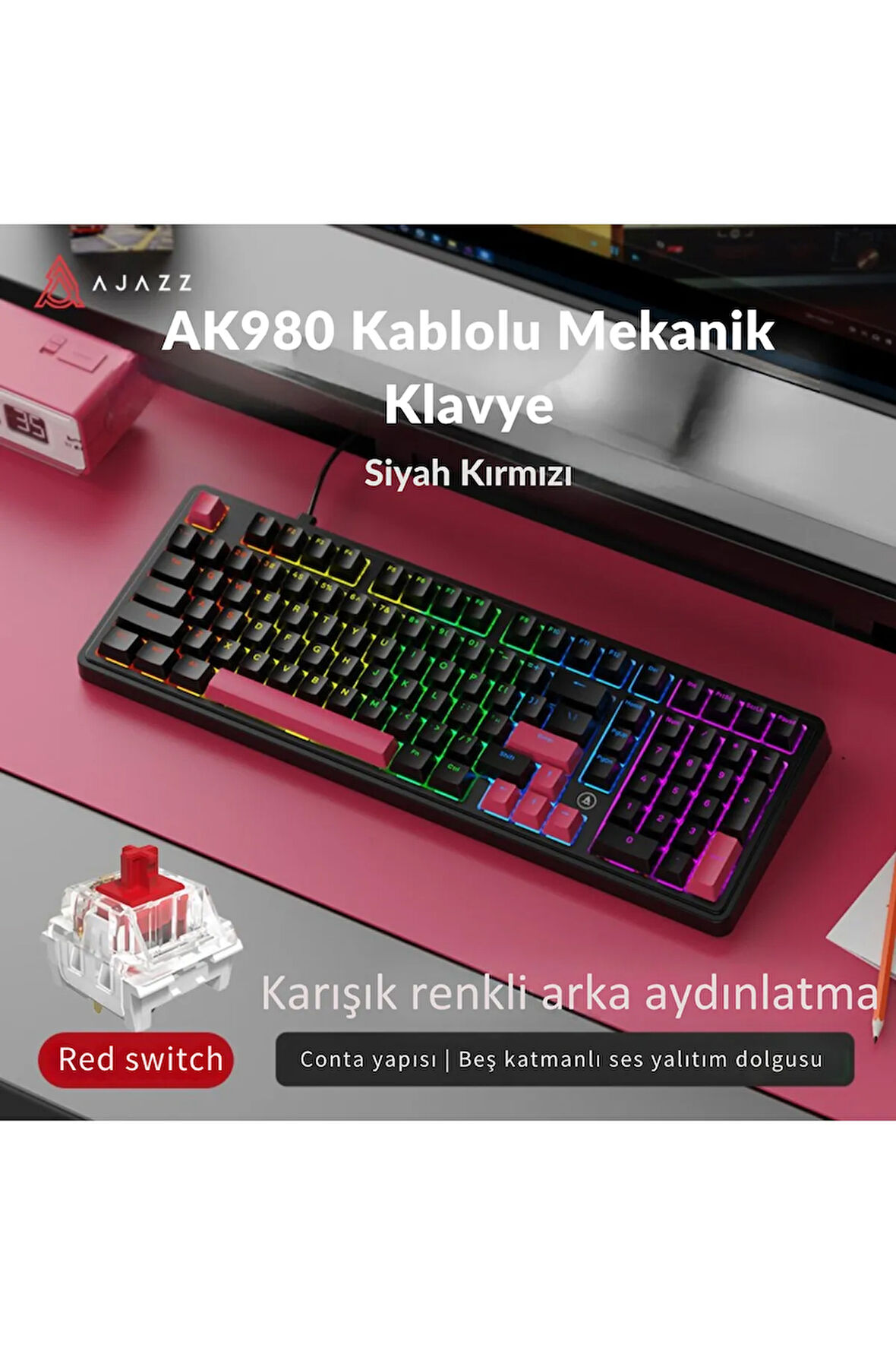 AK980 Red Switch Kablolu Mekanik Oyun Klavyesi- Rainbow Aydınlatmalı Siyah/Kırmızı