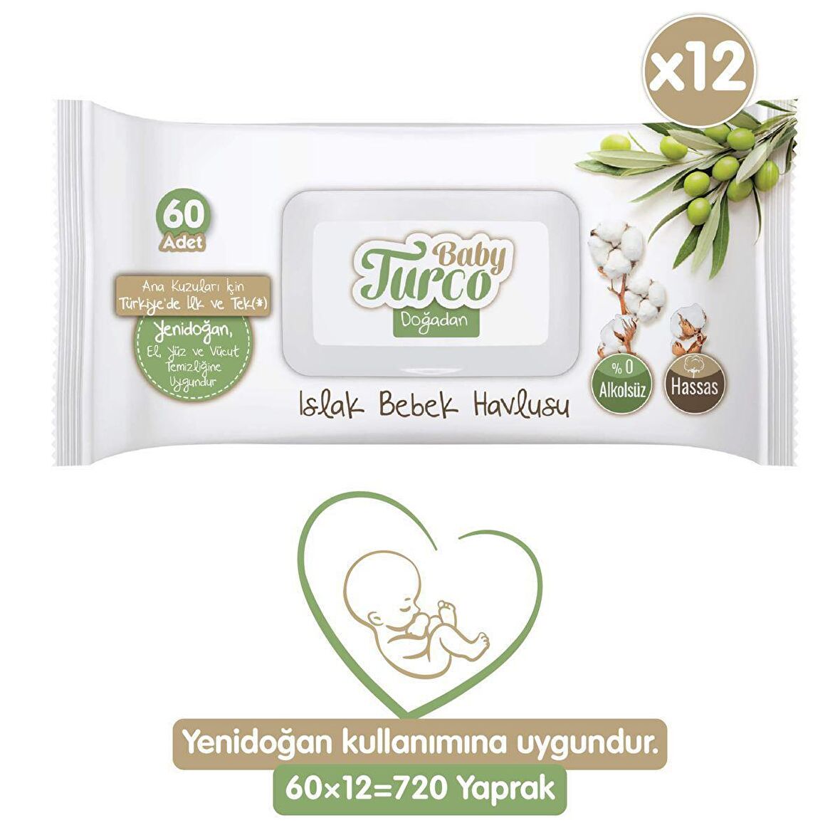 Baby Turco Doğadan Yenidoğan Alkolsüz 12 x 60 Yaprak 12 Paket Islak Mendil