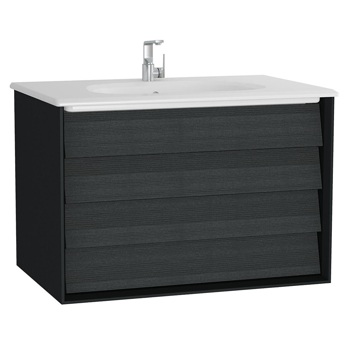 VitrA Frame 61229 Lavabo Dolabı, Çift Çekmeceli, Etajerli Lavabolu,80cm, Mat Soft-HareliSiyah