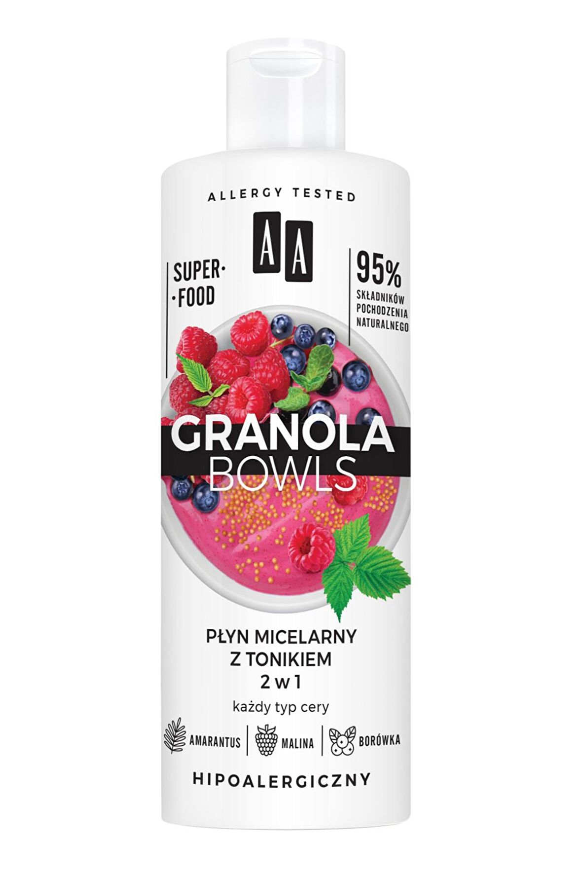 AA GRANOLA BOWLS  Ahududu ve Yaban Mersinli Aydınlatıcı & Temizleyici Misellar Tonik 2in1 400ml,tüm yaşlar için,vegan
