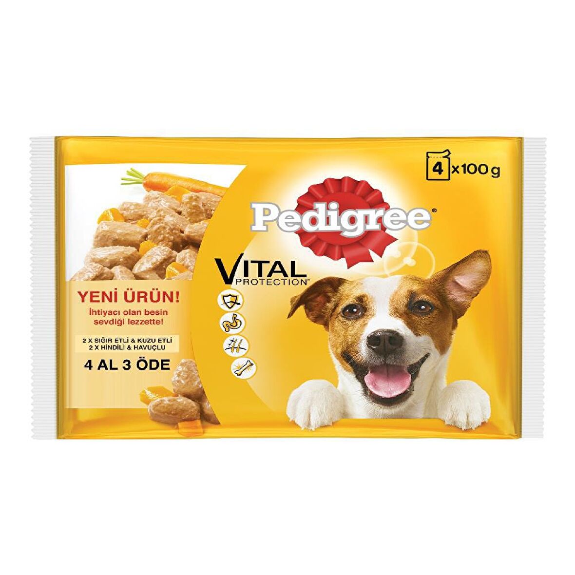 Pedigree Havuçlu-Sığır Etli-Kuzu Etli-Hindi Eti Küçük Irk Yetişkin Yaş Köpek Maması 4x100 gr