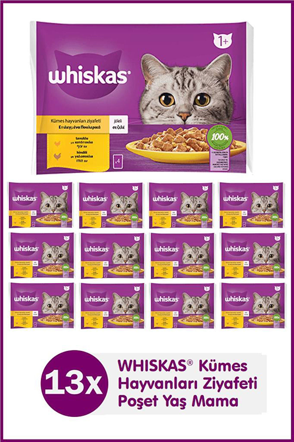 Whiskas Tavuklu ve Hindili Yetişkin Kedi Yaş Maması 4X85 gr (13 Paket,52 Adet Tekli)