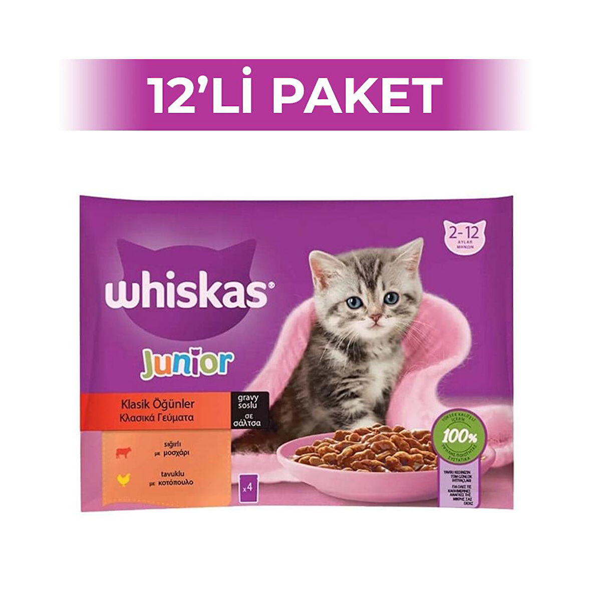 Whiskas Pouch Et Çeşitleri Yavru Kedi Yaş Mama 85 gr 4'lü Paket 12 Adet