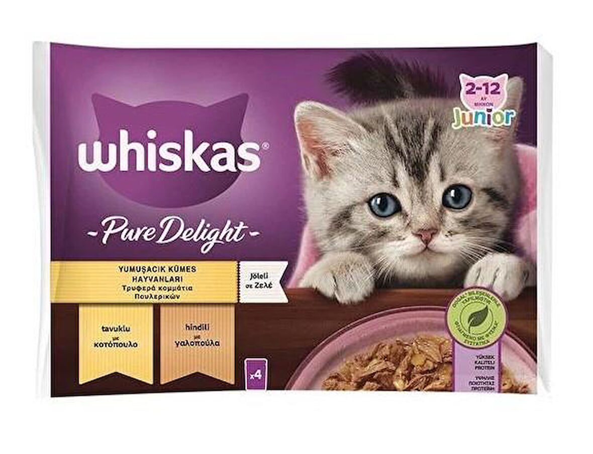 Whiskas Pouch Güveç Etli Pure Delight Tavuklu ve Somonlu Yavru Kedi Yaş Maması 4X85 gr (13 Paket, 52 Adet Tekli)